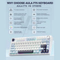 Aula F75 Wireless Tri Mode RGB 75 Percent Mechanical Gaming White and Blue Keyboard With Ice Vein Switch